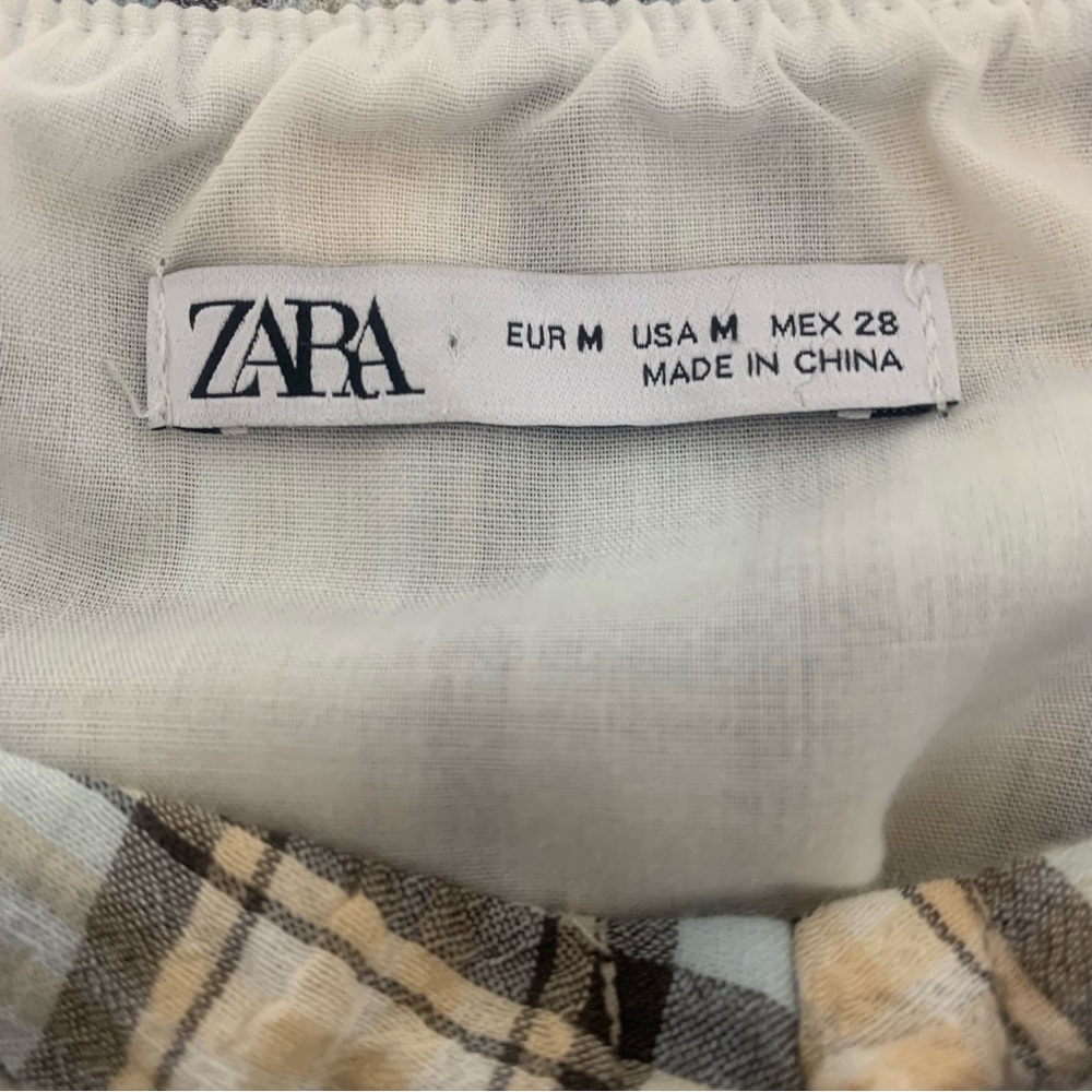 Zara Women's M Blue Cream Plaid Ruched Chic Cottagecore 3/4 Sleeve Blouse - Picture 8 of 10